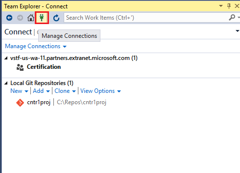 Screenshot of Visual Studio Team Explorer windows with Manage connections icon highlighted.